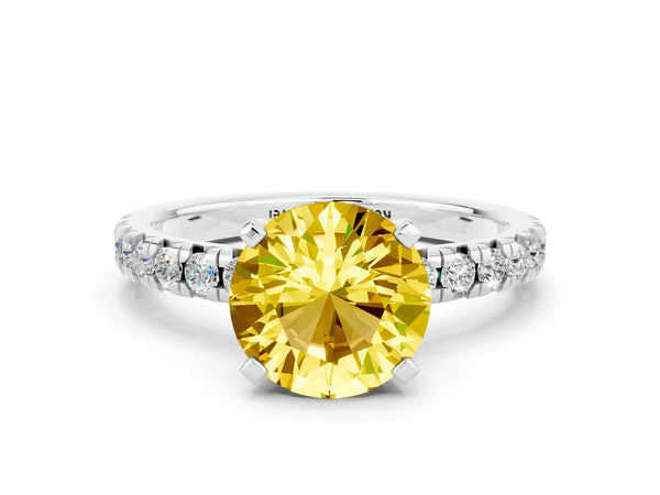Platinum Round Cut Yellow Sapphire Solitaire Pavé Engagement Ring with Round Band and Prong Setting