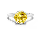 Platinum Round Cut Yellow Sapphire Solitaire Ring with Flower Prong Setting and Classic Band