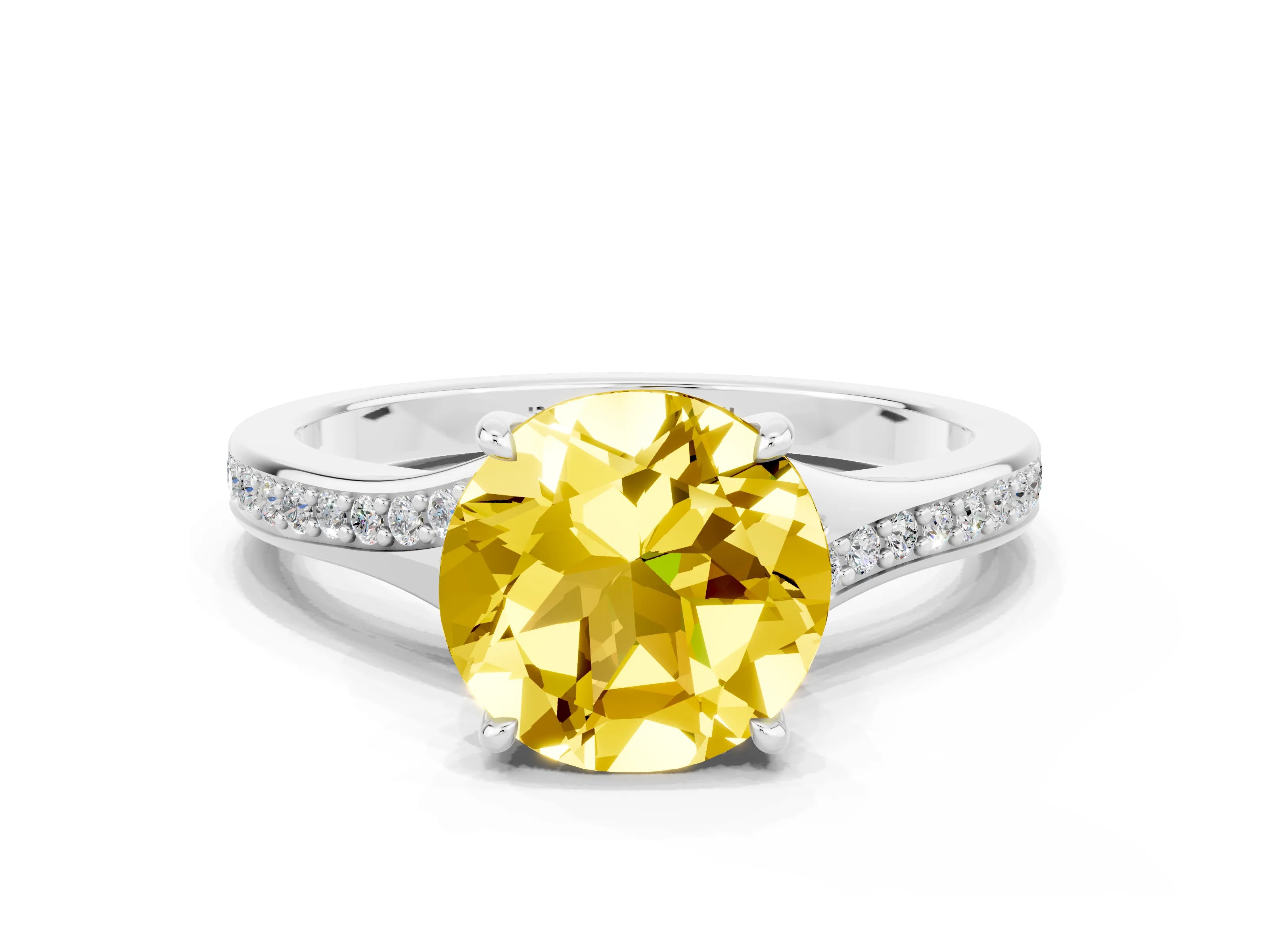 Platinum Round Cut Yellow Sapphire Solitaire Ring with Pavé Band and Prong Setting_12