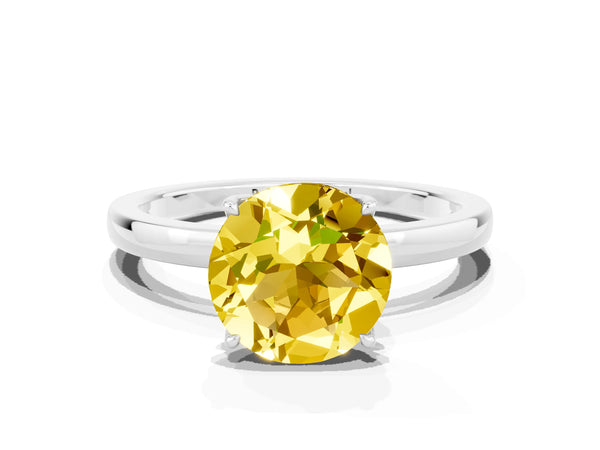 Platinum Round Cut Yellow Sapphire Solitaire Ring with Thin Band and Prong Setting