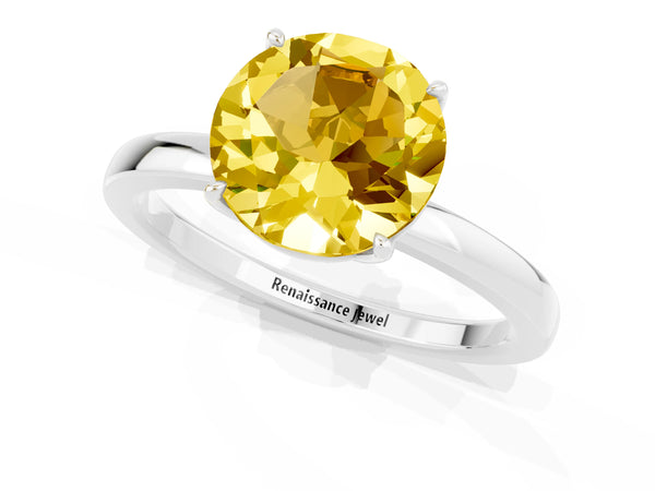 Platinum Round Cut Yellow Sapphire Solitaire Ring with Thin Band and Prong Setting