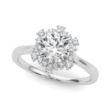 Platinum Round Diamond Cluster Halo Ring with Plain Band and Four-Prong Setting