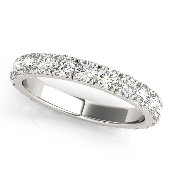 10K White Gold Round Diamond Eternity Band with Pavé Setting and Shared Prong