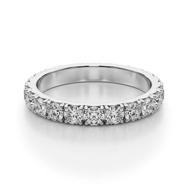 10K White Gold Round Diamond Eternity Band with Pavé Setting and Shared Prong