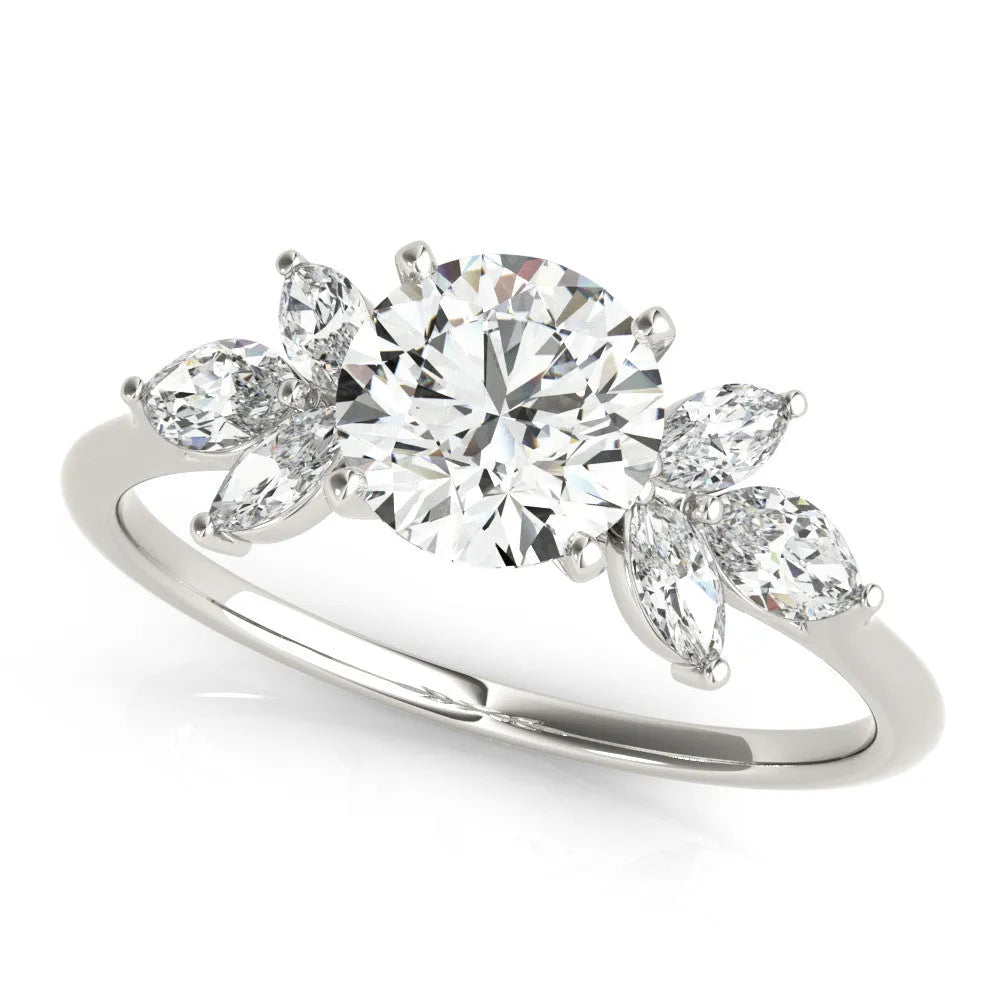 Platinum Round Diamond Floral Cluster Ring with Marquise Side Stones and Six-Prong Solitaire Setting