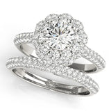 Platinum Round Diamond Floral Halo Ring with Pavé Band and Four-Prong Setting 1