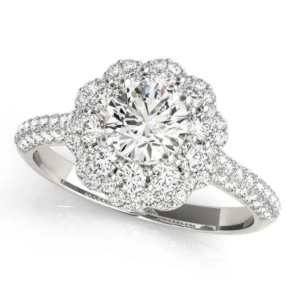 Platinum Round Diamond Floral Halo Ring with Pavé Band and Four-Prong Setting