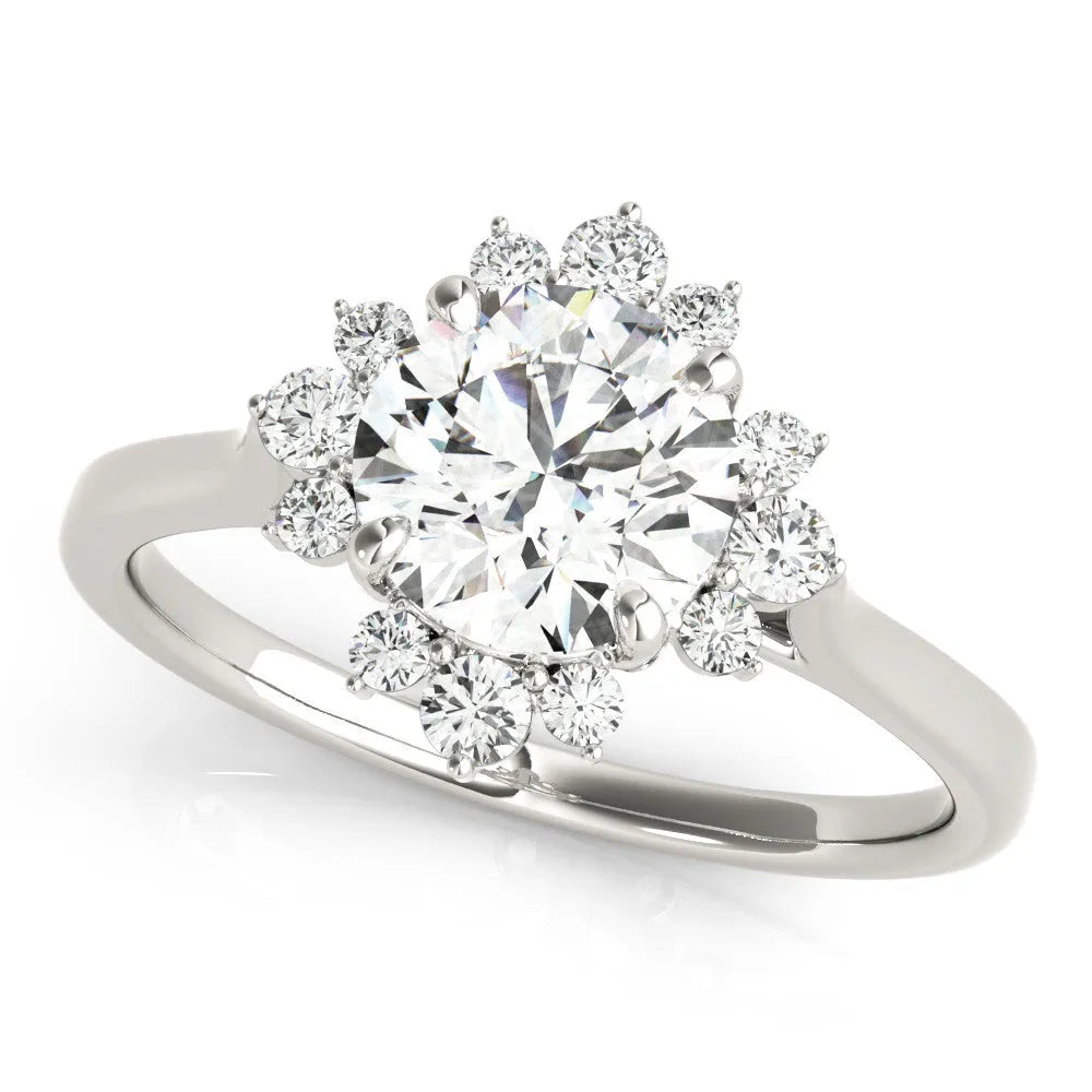 Platinum Round Diamond Floral Halo Ring with Plain Band and Prong Setting