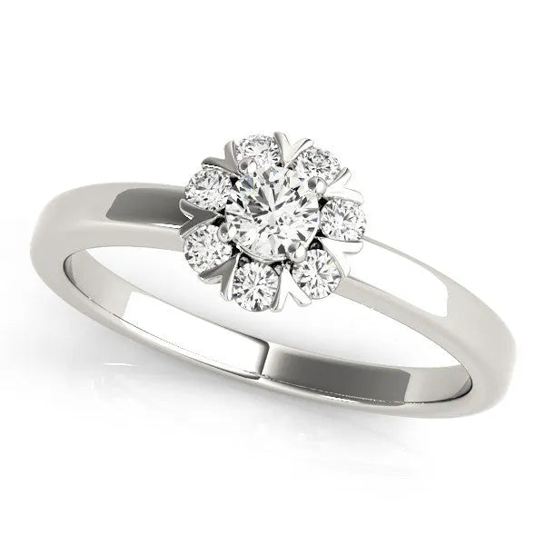 Platinum Round Diamond Floral Halo Solitaire Ring with Channel-Set Band and Claw Prong Setting