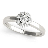 Platinum Round Diamond Floral Halo Solitaire Ring with Channel-Set Band and Claw Prong Setting