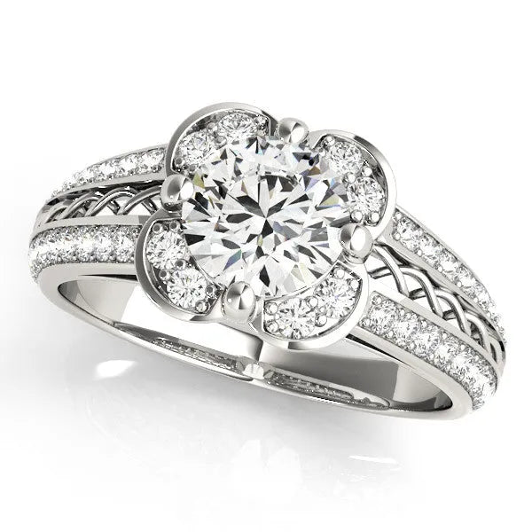 Platinum Round Diamond Floral Halo Split Shank Engagement Ring