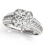 Platinum Round Diamond Floral Halo Split Shank Engagement Ring