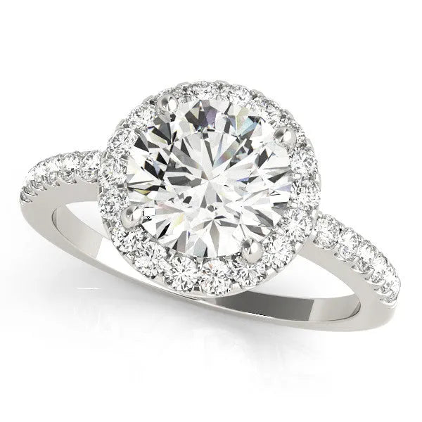 Platinum Round Diamond Halo Ring with Pavé Band and Four-Prong Setting