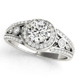 Platinum Round Diamond Halo Ring with Split Shank and Bezel Accents and Four-Prong Setting