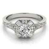Platinum Round Diamond Milgrain Halo Engagement Ring with Chevron Band and Prong Setting 1