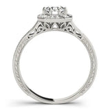 Platinum Round Diamond Milgrain Halo Engagement Ring with Chevron Band and Prong Setting 2