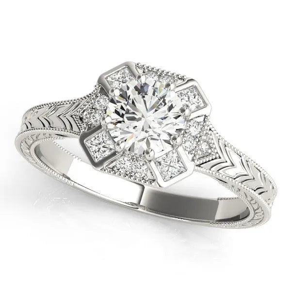 Platinum Round Diamond Milgrain Halo Engagement Ring with Chevron Band and Prong Setting