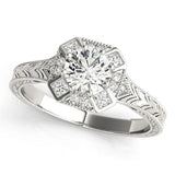 Platinum Round Diamond Milgrain Halo Engagement Ring with Chevron Band and Prong Setting