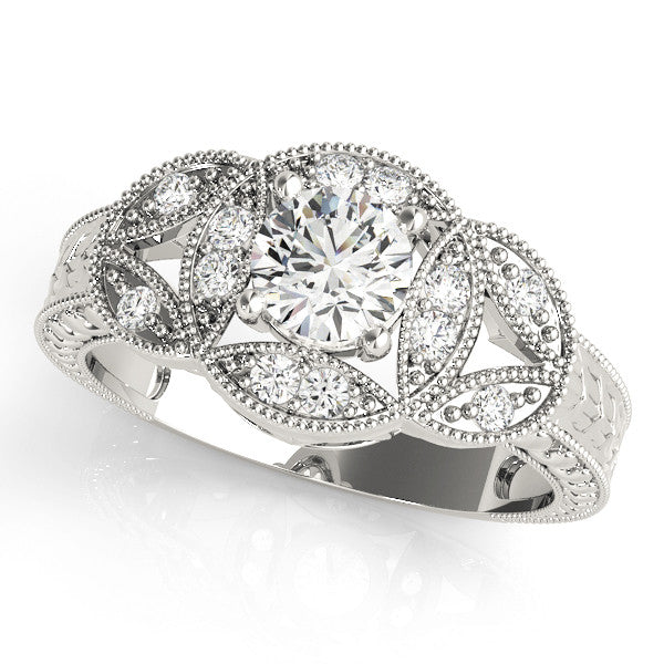 Platinum Round Diamond Milgrain Marquise Filigree Engagement Ring with Prong Setting 1