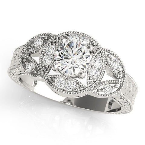 Platinum Round Diamond Milgrain Marquise Filigree Engagement Ring with Prong Setting 1