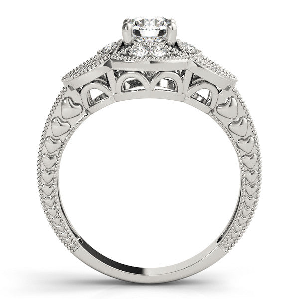Platinum Round Diamond Milgrain Marquise Filigree Engagement Ring with Prong Setting