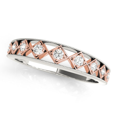 Platinum Round Diamond Milgrain Rose Gold Open Band with Bezel Setting