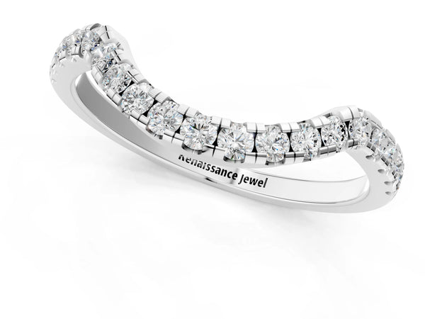 Platinum Round Diamond Pavé Curved Wedding Band with Shared Prong Setting