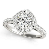 Platinum Round Diamond Scalloped Halo Ring with Pavé Band and Four-Prong Setting