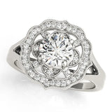 Platinum Round Diamond Vintage Floral Halo Ring with Split Shank and Four-Prong Setting