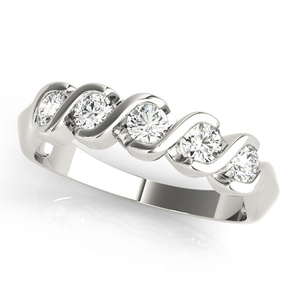 Platinum Round Diamond Wave Band with Channel Setting and Shared Prongs