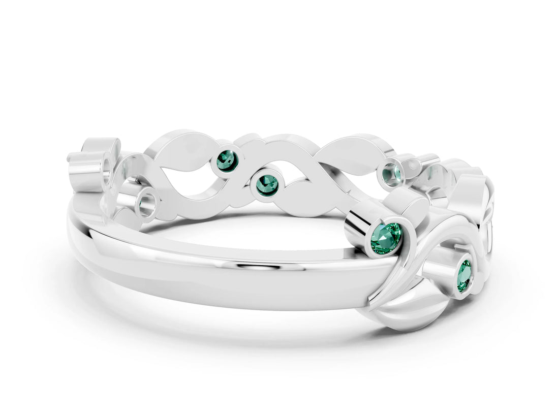 Platinum Round Green Sapphire Leaf Eternity Band with Bezel Setting