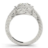 Platinum Round Halo Bezel Set Diamond Ring with Pavé Band