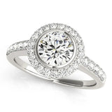 Platinum Round Halo Diamond Engagement Ring with Bezel Setting and Pavé Band