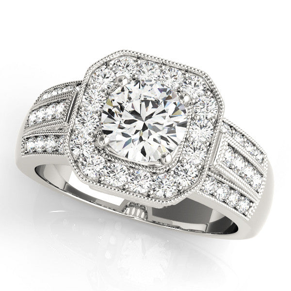 White gold Round Halo Diamond Engagement Ring with Pave Split Shank and Four-Prong Setting