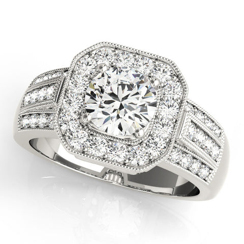 Platinum Round Halo Diamond Engagement Ring with Pave Split Shank and Four-Prong Setting 1