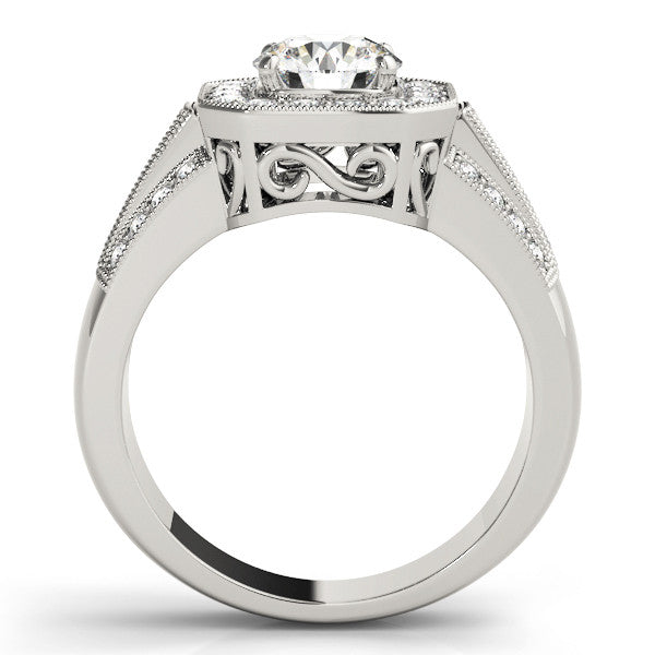 White gold Round Halo Diamond Engagement Ring with Pave Split Shank and Four-Prong Setting