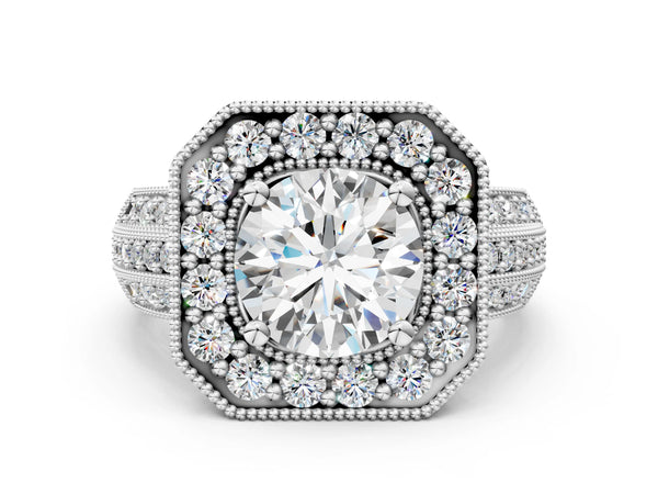 Platinum Round Halo Diamond Engagement Ring with Pave Split Shank and Four-Prong Setting