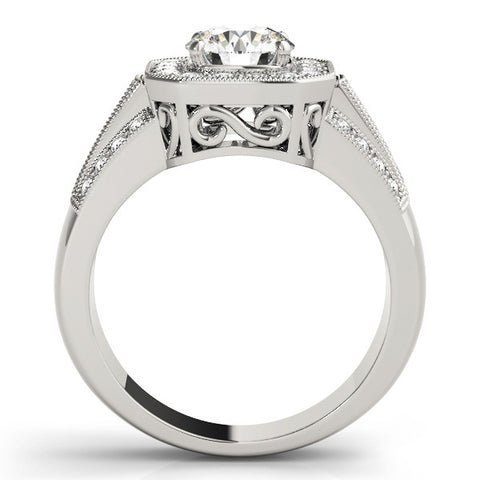 Platinum Round Halo Diamond Engagement Ring with Pave Split Shank and Four-Prong Setting
