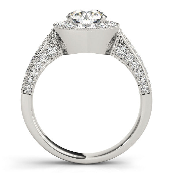 Platinum Round Halo Diamond Engagement Ring with Split Shank Band and Four-Prong Setting