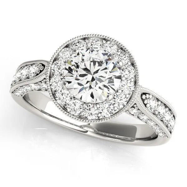 Platinum Round Halo Diamond Engagement Ring with Split Shank Band and Four-Prong Setting