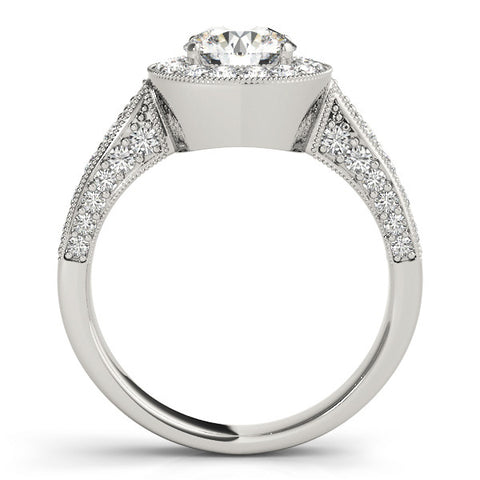 Platinum Round Halo Diamond Engagement Ring with Split Shank Band and Four-Prong Setting