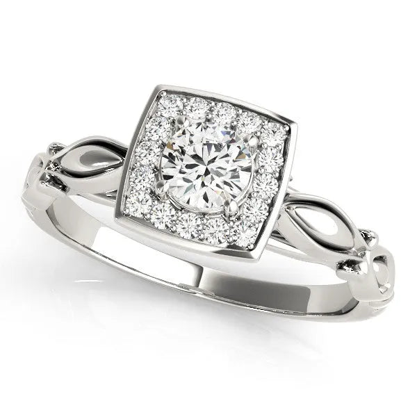 Platinum Round Halo Diamond Engagement Ring with Square Setting and Infinity Band