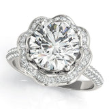 Platinum Round Halo Diamond Floral Pave Band Ring with Four-Prong Setting