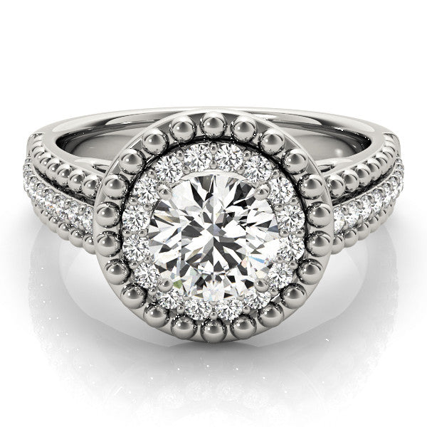 Platinum Round Halo Diamond Ring with Beaded Split Shank and Four-Prong Setting 2