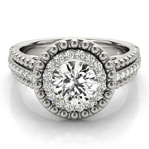 Platinum Round Halo Diamond Ring with Beaded Split Shank and Four-Prong Setting 2