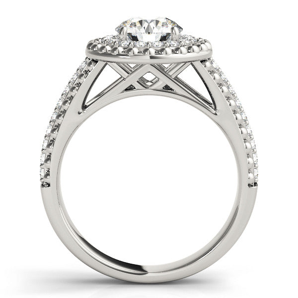 Platinum Round Halo Diamond Ring with Beaded Split Shank and Four-Prong Setting