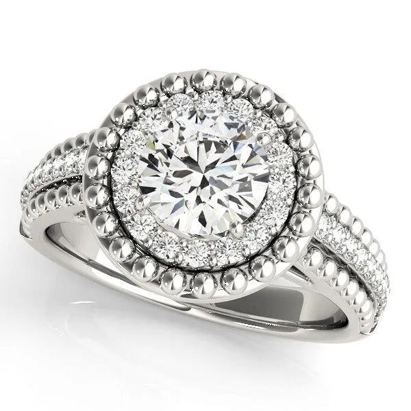 Platinum Round Halo Diamond Ring with Beaded Split Shank and Four-Prong Setting