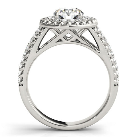 Platinum Round Halo Diamond Ring with Beaded Split Shank and Four-Prong Setting