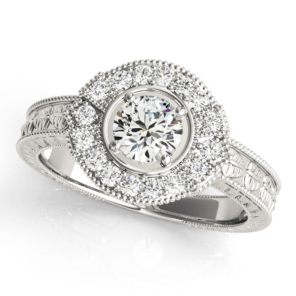Platinum Round Halo Diamond Ring with Milgrain Bezel and Prong Setting 1