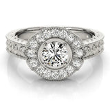 Platinum Round Halo Diamond Ring with Milgrain Bezel and Prong Setting 1